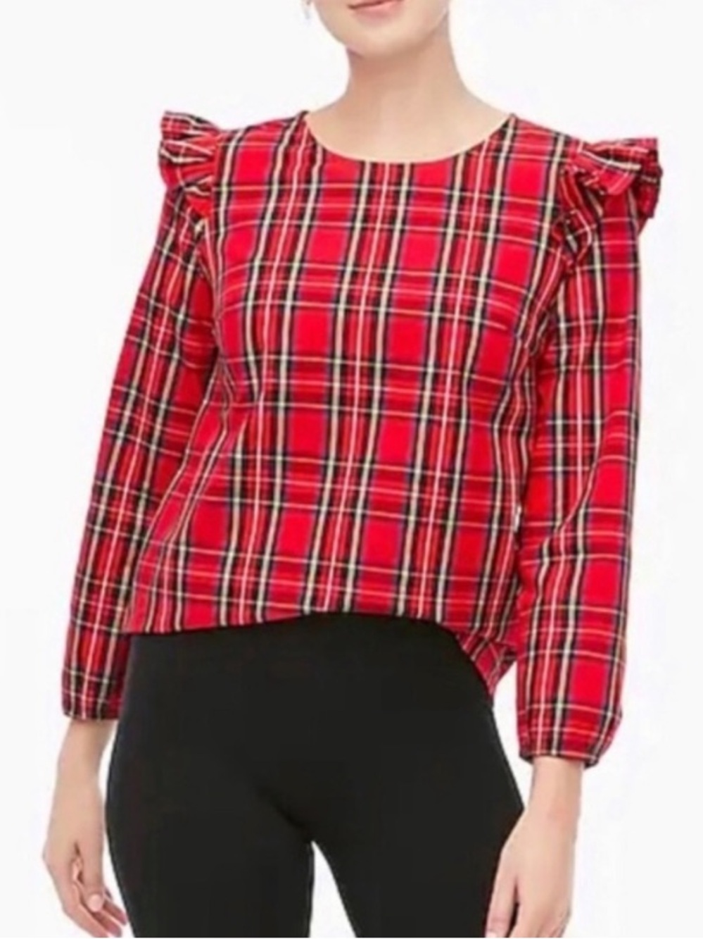 J. Crew Red Plaid Ruffle-Shoulder Long-Sleeve Top